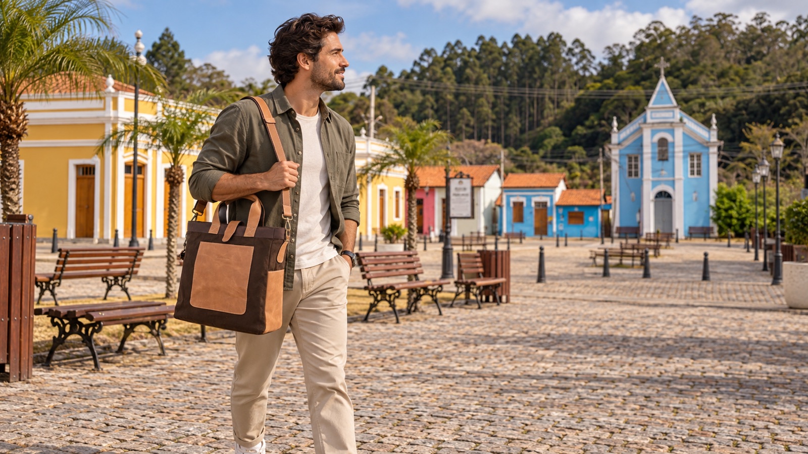 Homem carregando bolsa carteiro de couro e lona em uma praça histórica